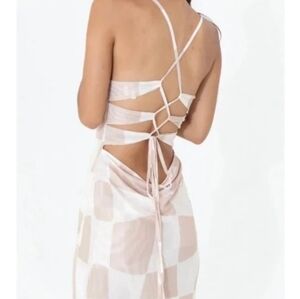 Find Me Now Kai Tie Back Stretch Mesh Dress Midi Medium Checker Mojave Backless